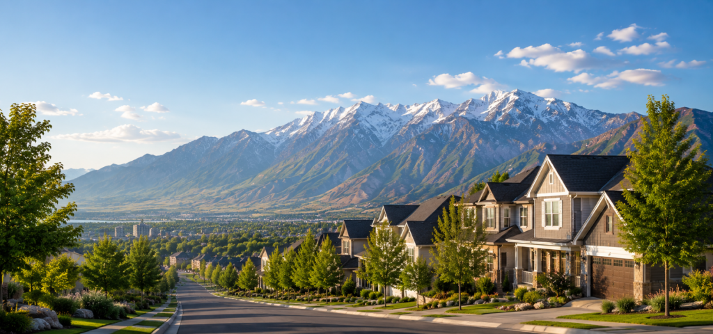Utah County neighborhood with Wasatch Mountain views representing Utah new home relocation and lifestyle living